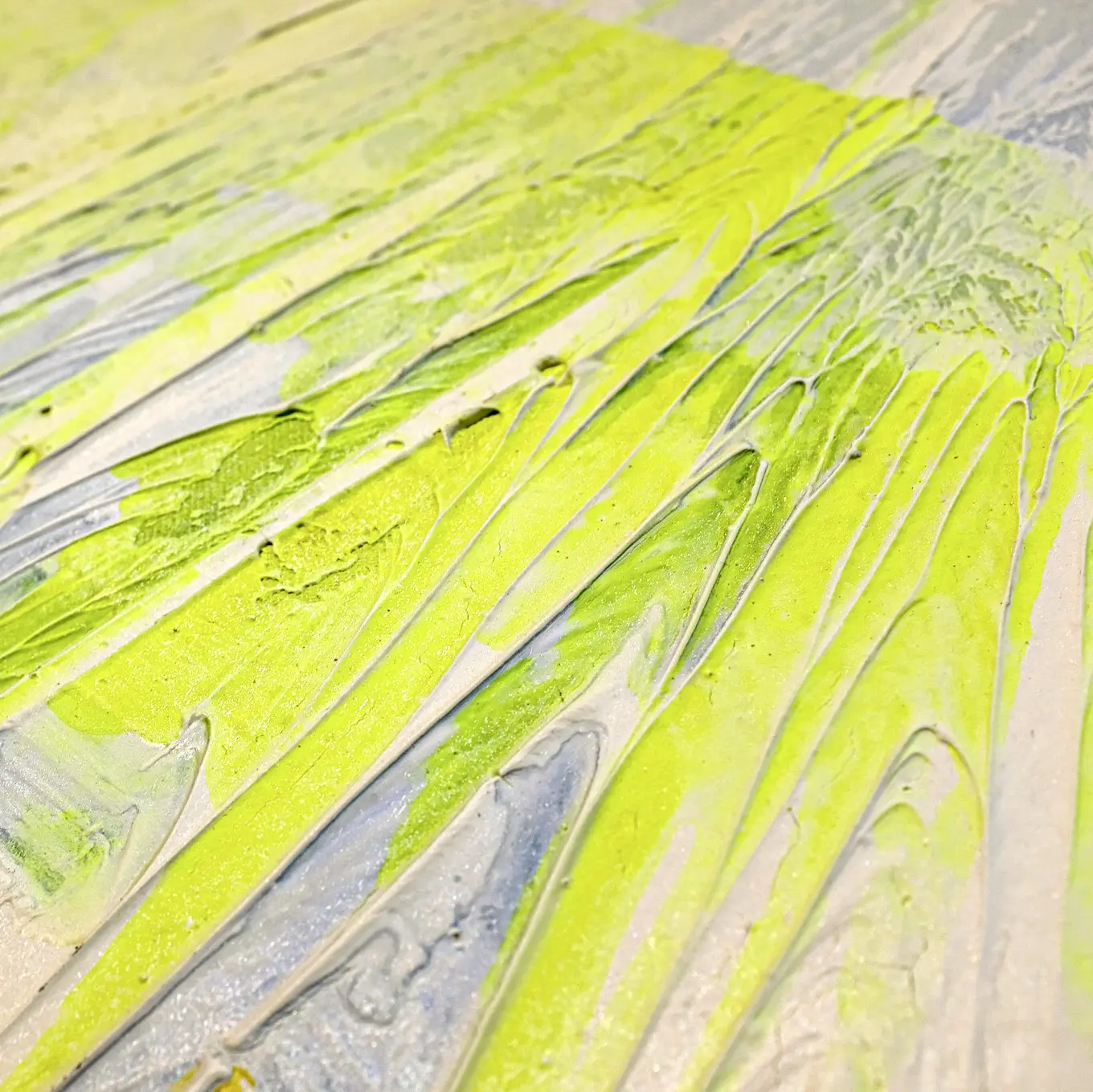 Sculptural abstract painting by Marina Aristotel, titled "Unicorns do exist". Features a tactile topography of bright neon yellow, orange and blue, it has a joyful textured pattern. Contemporary wall art for luxury home design and boutique hotel decor, pattern detail.