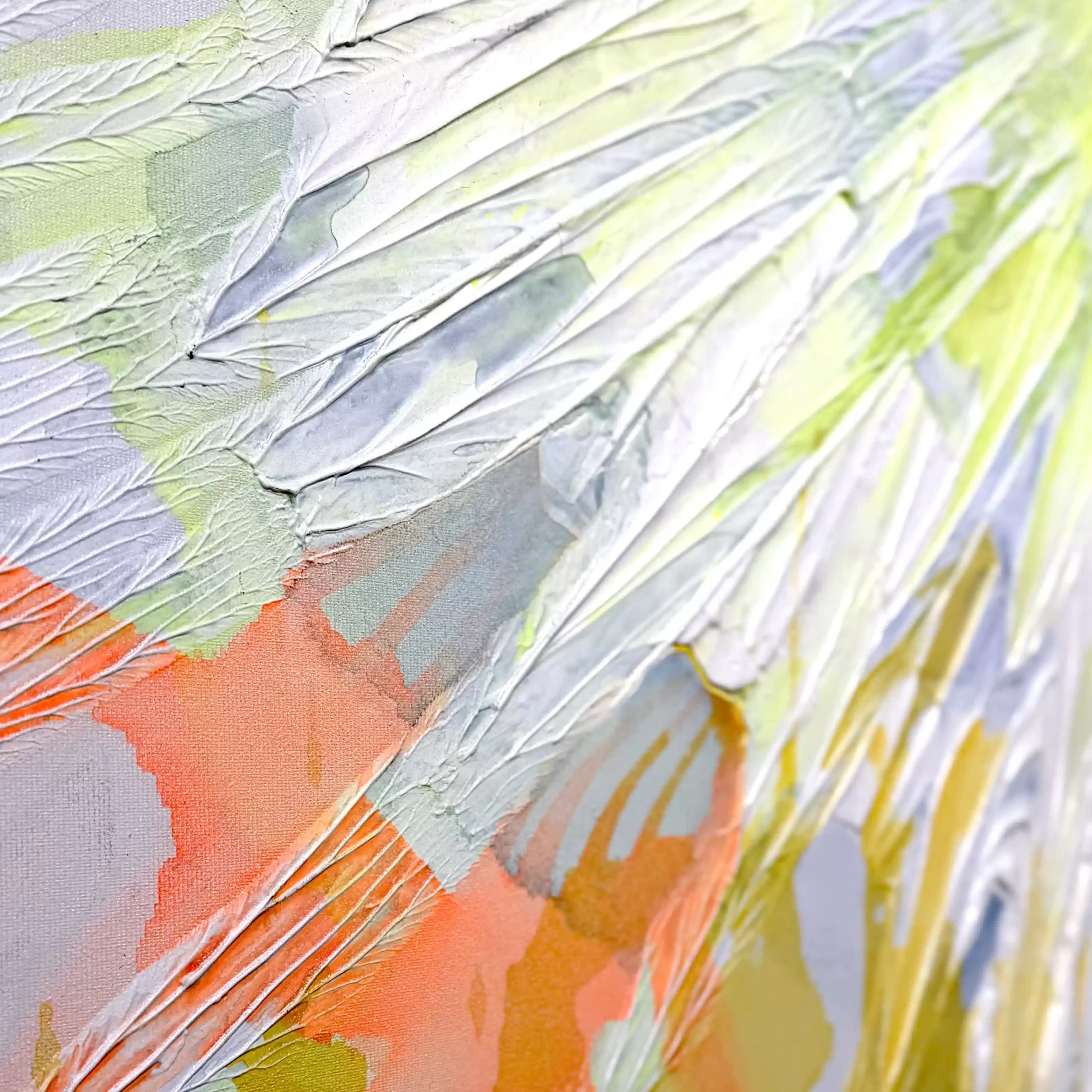 Sculptural abstract painting by Marina Aristotel, titled "Unicorns do exist". Features a tactile topography of bright neon yellow, orange and blue, it has a joyful textured pattern. Contemporary wall art for luxury home design and boutique hotel decor, featured in contemporary decoration. rainbow detail