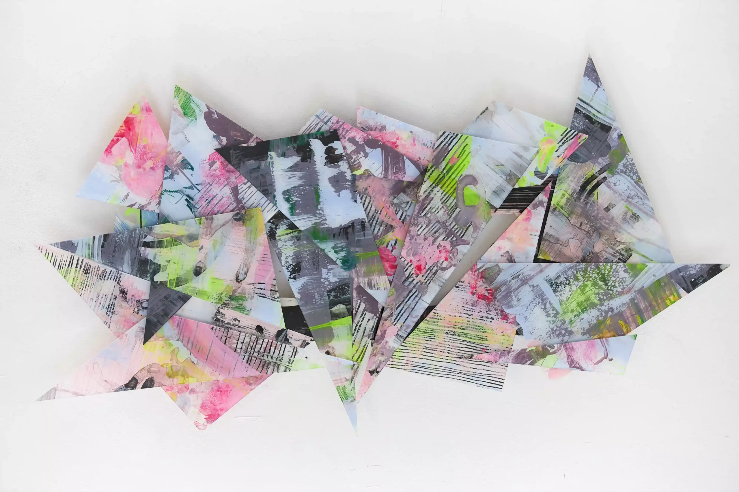 Hand painted acrylic on plexiglass sculpture by Marina Aristotel, Titled "Pieces of reef geometry". Features irregular organic edges and layered translucent volumes. Bright ocean coral reef colours. Premium dimensional wall art for modern luxury interior and boutique hotels.