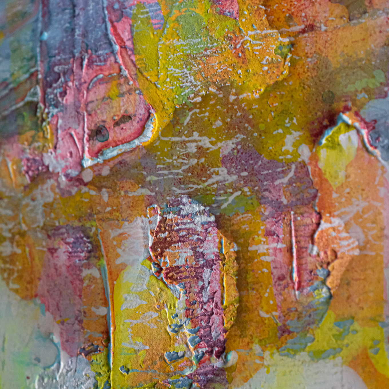 Sculptural abstract painting by Marina Aristotel, titled "Dare to be surprised". Features a tactile topography of bright green, yellow, orange colors and joyful pattern. Contemporary wall art for luxury home design and boutique hotel decor. Yellow pink detail