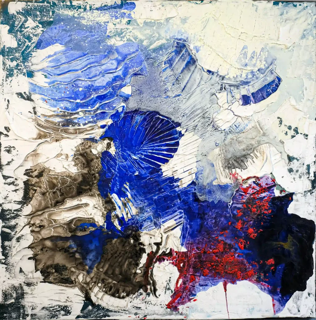 Sculptural painting titled "Snowflakes all around" by Marina Aristotel. Textured with vibrant blue and splash of red. For premium interior design home and office.