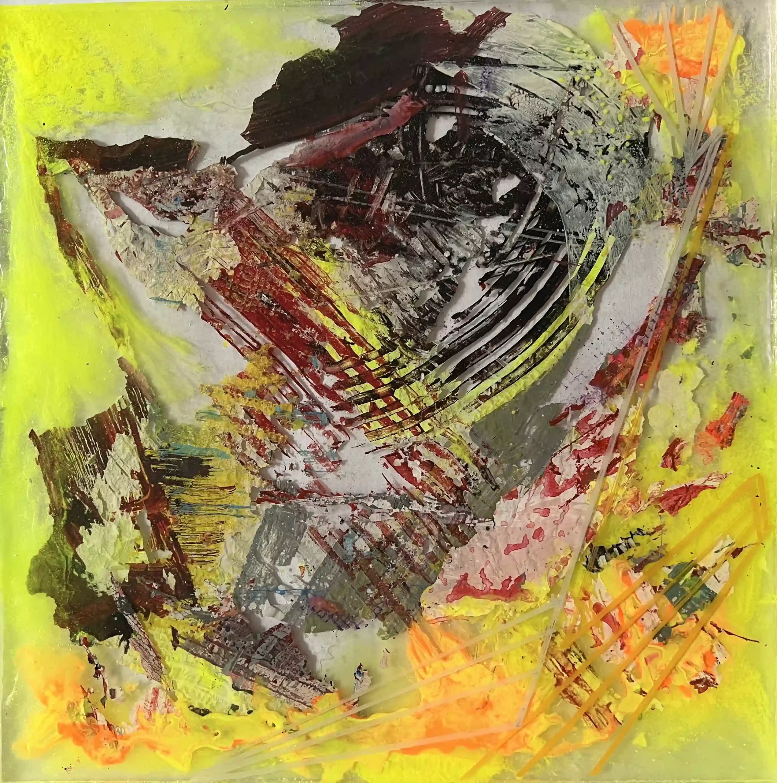 Resin sculpture by Marina Aristotel, titled "Solar life", featuring glass-like layers and organic depth. Hand poured pigments in neon yellow, orange and burgundy creating a luminous, tactile surface. Luxury wall-mounted art object for modern interior design and boutique hotel decor.