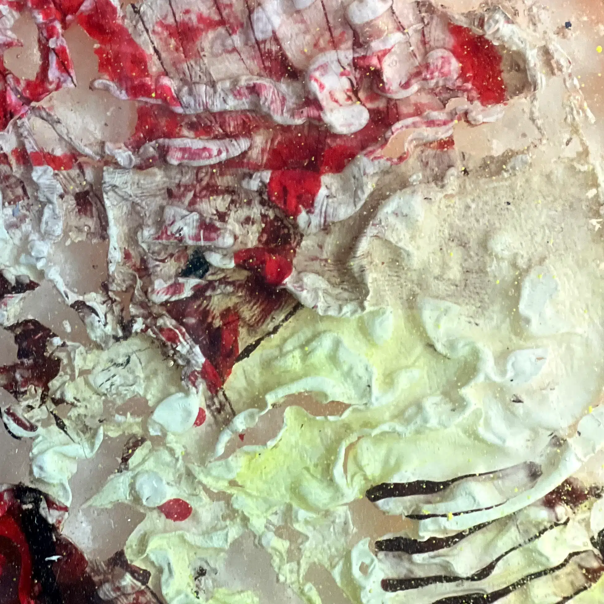 abstract mixed media painting, 'Tradition is Meant to be Abstract' by Marina Aristotel. This contemporary structural resin artwork features a high-relief tactile surface with a vibrant orange backdrop, layered with deep crimson red impasto, bright yellow highlights, and weathered cream textures. The composition incorporates complex organic striations and distressed grid patterns, ideal for modern luxury interiors and collectors of expressive, textured fine art.