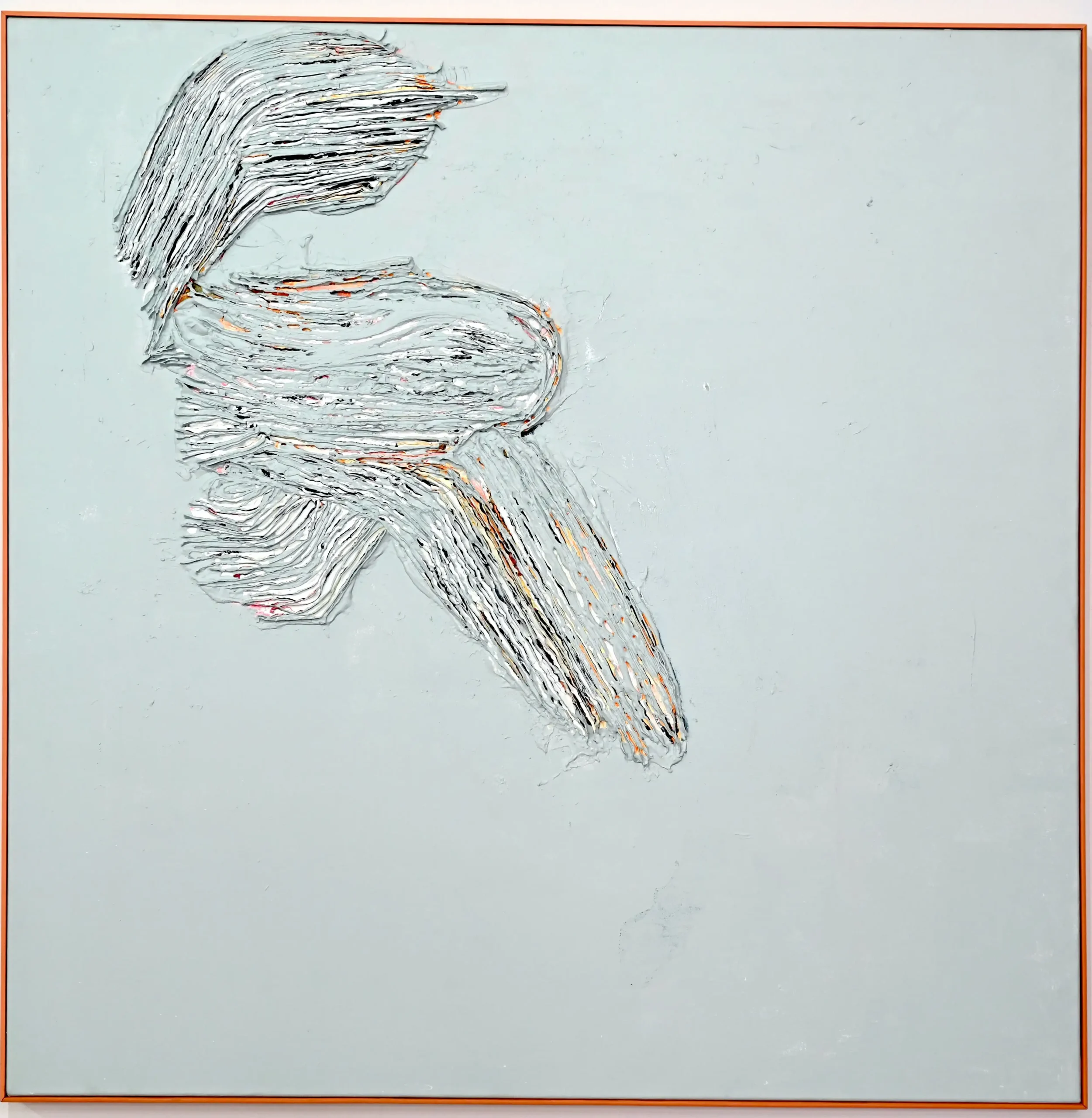 An image of the original abstract painting “Dutiful” on a light teal blue background. The square canvas features a prominent, highly sculptural and dynamic impasto form created with swirling, thickly layered pigments and embedded metallic gold, copper, and white filaments. Positioned off-center, this deeply textured form offers a tactile, dimensional presence. The painting is conceptually inspired by Constantin Brancusi’s modernist sculpture “The Dutiful,” bridging the artist’s modern textural approach with the sculptor's focus on form and movement.