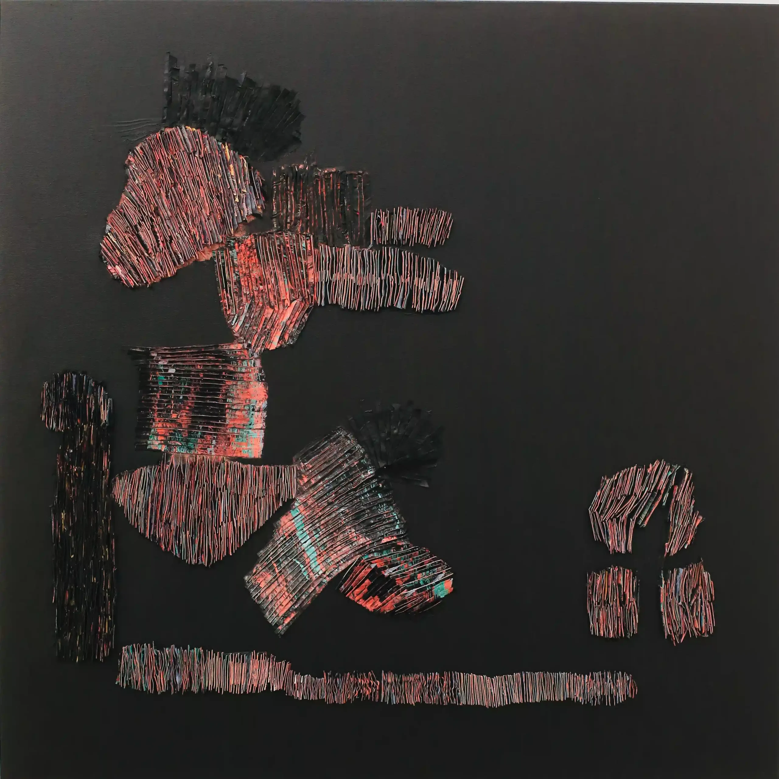 Re_thinking” – Original mixed-media painting by contemporary artist Marina Aristotel, featuring hand-cut and arranged strips of thick, previously painted acrylic forming textured dynamic compositions against a deep black background.