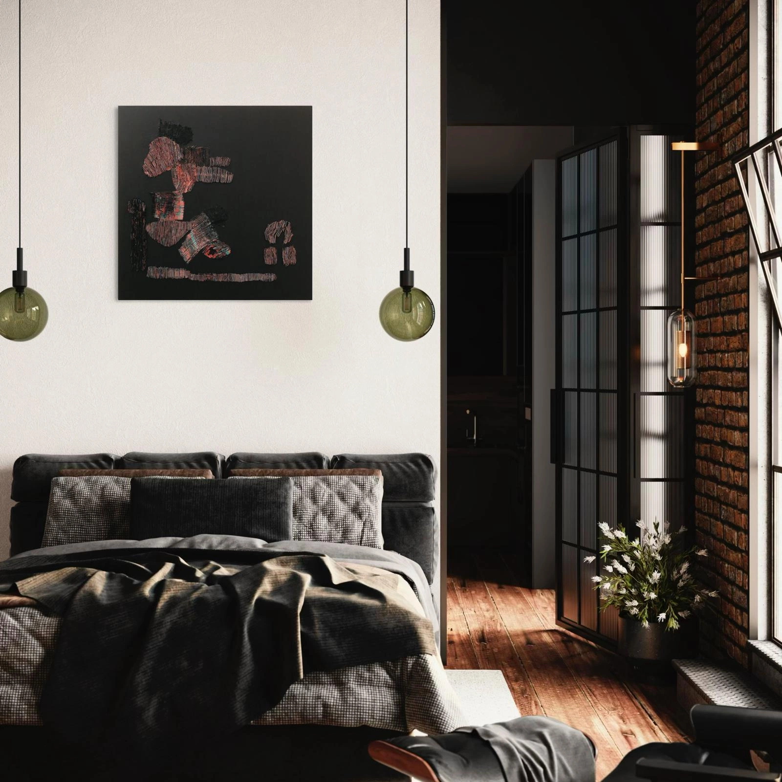 Re_thinking” – Original mixed-media painting by contemporary artist Marina Aristotel, featuring hand-cut and arranged strips of thick, previously painted acrylic forming textured dynamic compositions against a deep black background. Simulation in a premium dark room